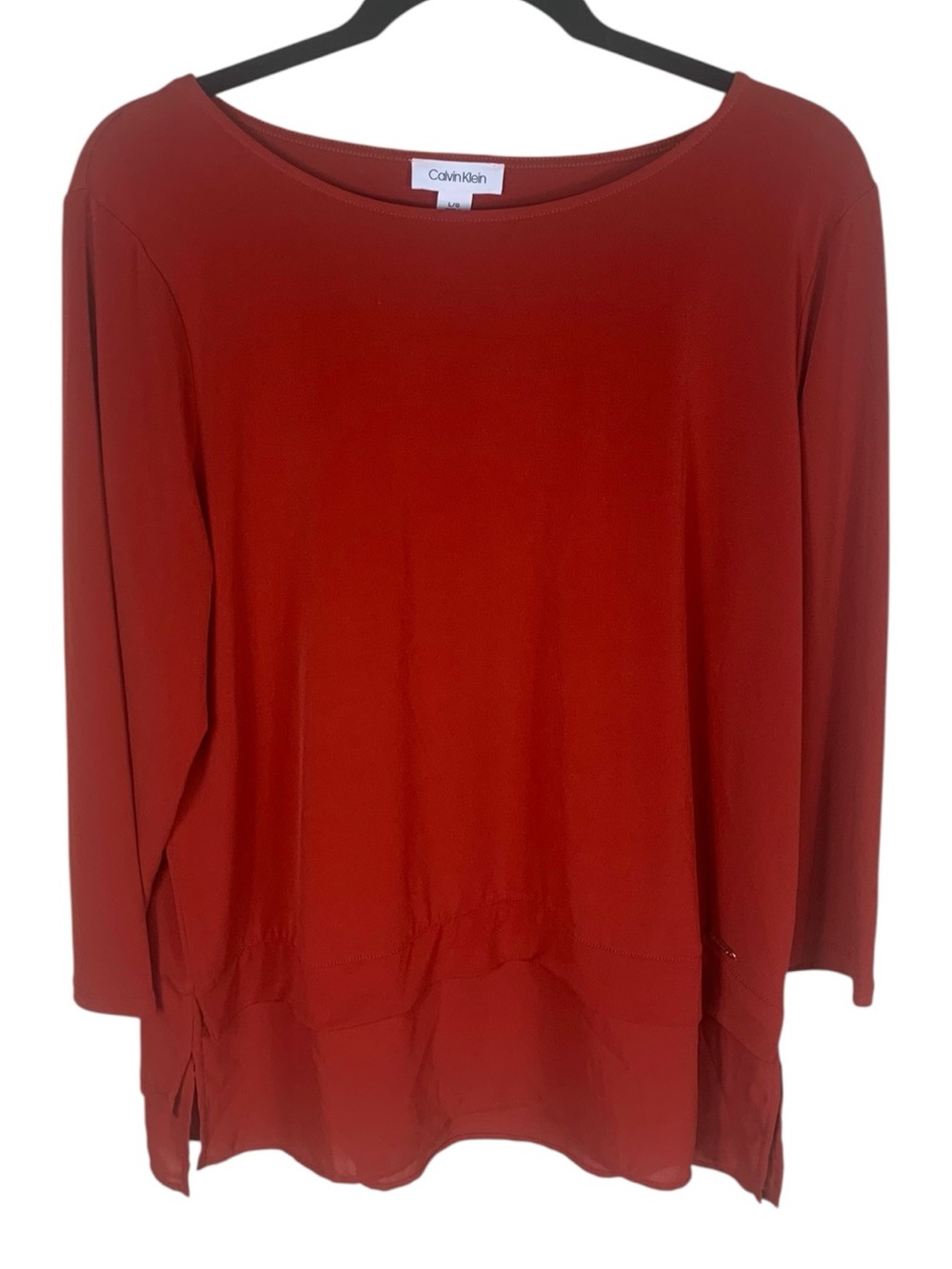 Women's Calvin Klein Rust Red 3/4 Sleeve Layered Tunic Top Size L Mixed Fabric